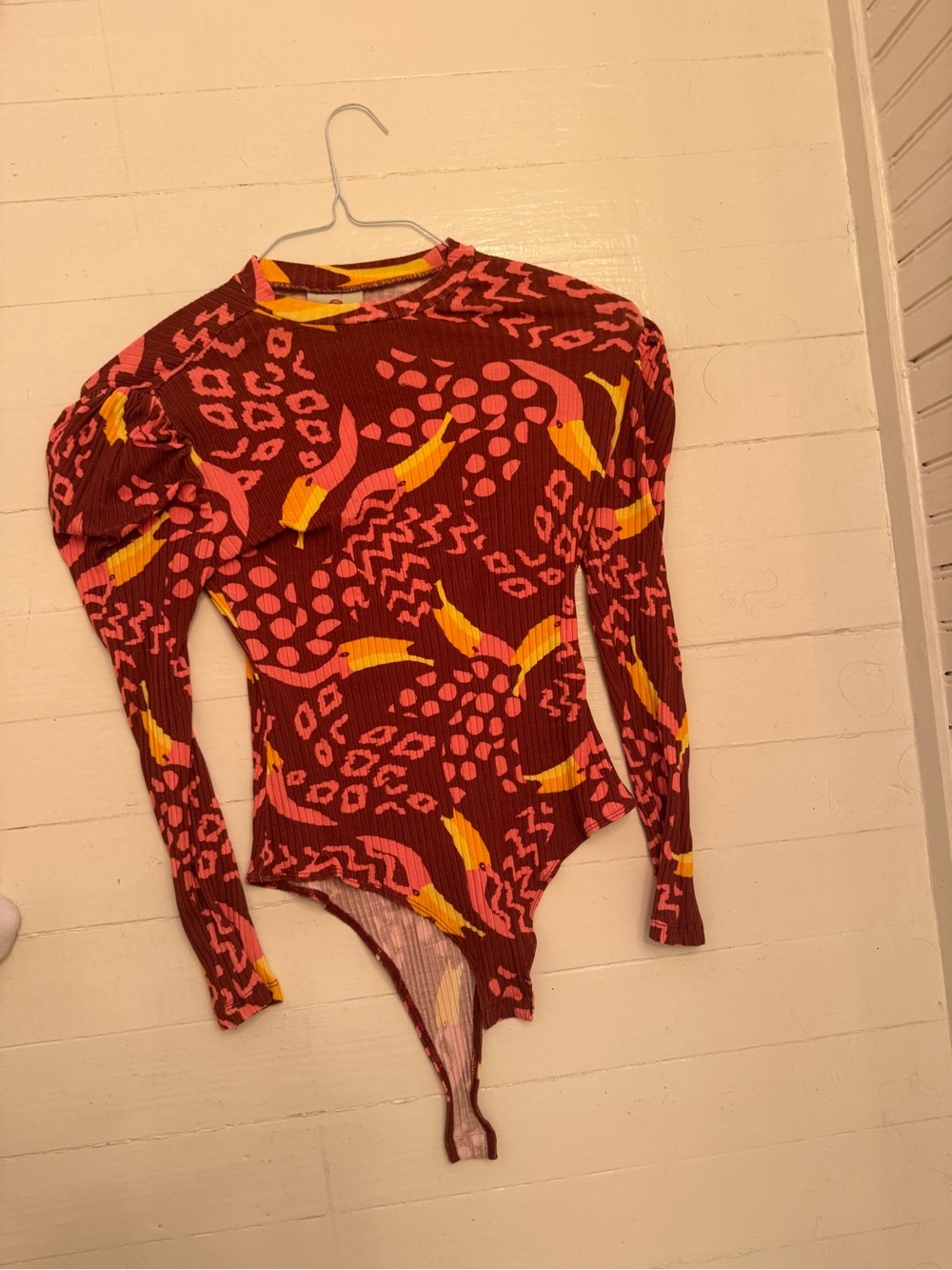 FARM Rio Red Patterned Long-Sleeve Bodysuit Sweater with Pink and Yellow Accents